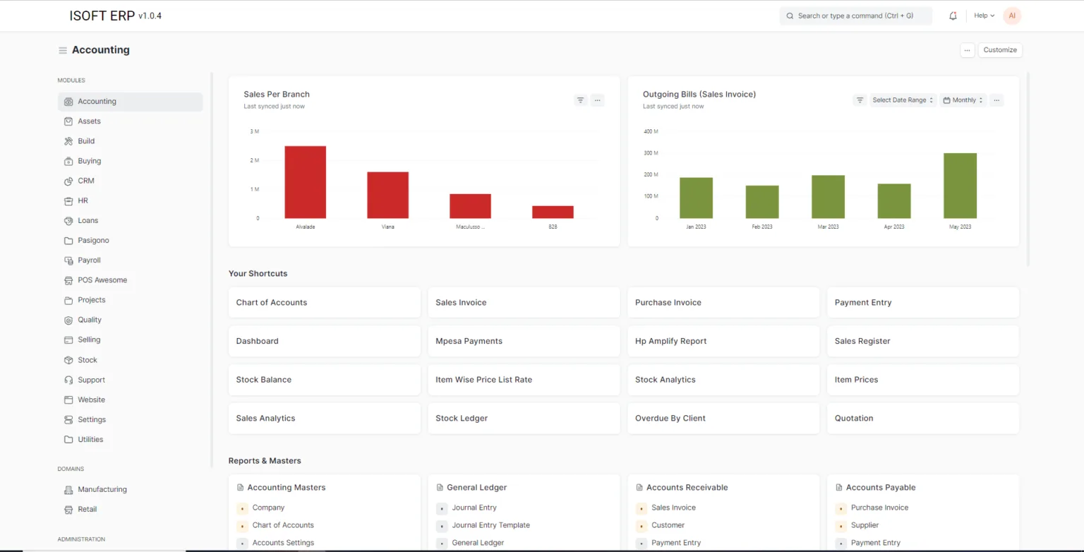 ISOFT ERP: painel de controlo